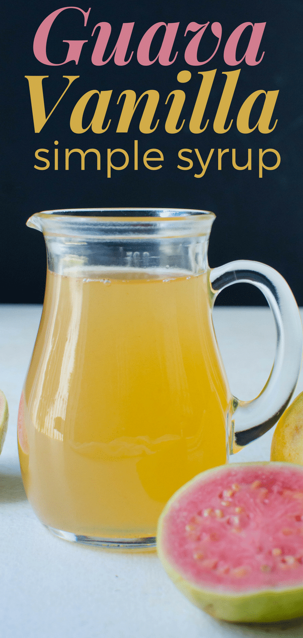 This guava recipe for flavored simple syrup is a tropical blend of pink guava & vanilla simple syrup for cocktails or an easy dressing for fruit salad. #simplesyrup #guavasimplesyrup #vanillasimplesyrup #simplesyrupforfruitsalad #fruitsaladdressing #cocktailsimplesyrup #guava #vanilla #pinkguava #guavarecipes #usesforguava #vanillabean #cinnamonstick #homemadesimplesyrup #flavoredsimplesyrup 