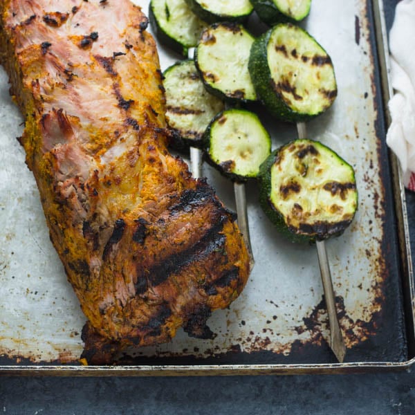 Tandoori Marinated Grilled Pork on a pan.