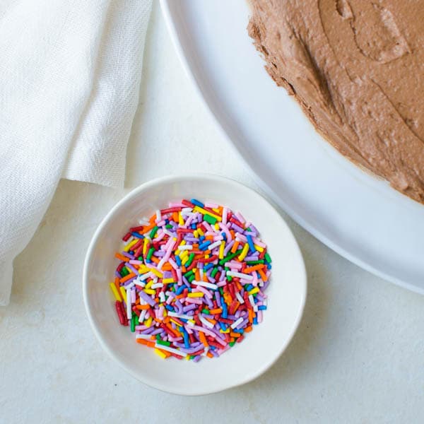 rainbow colored jimmies for the best homemade birthday cake recipe ever!