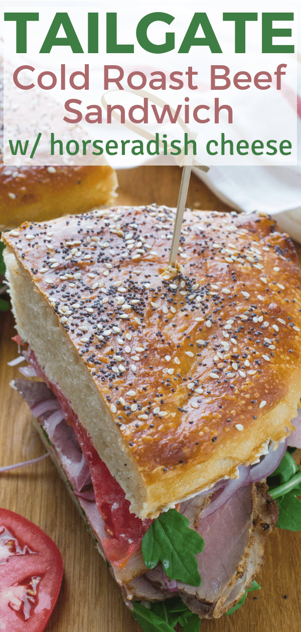 The ultimate tailgate sandwich is this cold roast beef sandwich with horseradish cheese. Make in advance, travels well - it's the best roast beef sandwich. #roastbeefsandwich #coldroastbeefsandwich #tailgatesandwich #horseradishcheese #horseradishcheesespread #flavoredcreamcheese #savorycreamcheese #bestroastbeefsandwich #tailgateroastbeefsandwich #tailgatefood #tailgatingfood #makeaheadsandwich #picnicsandwich #picnicfood