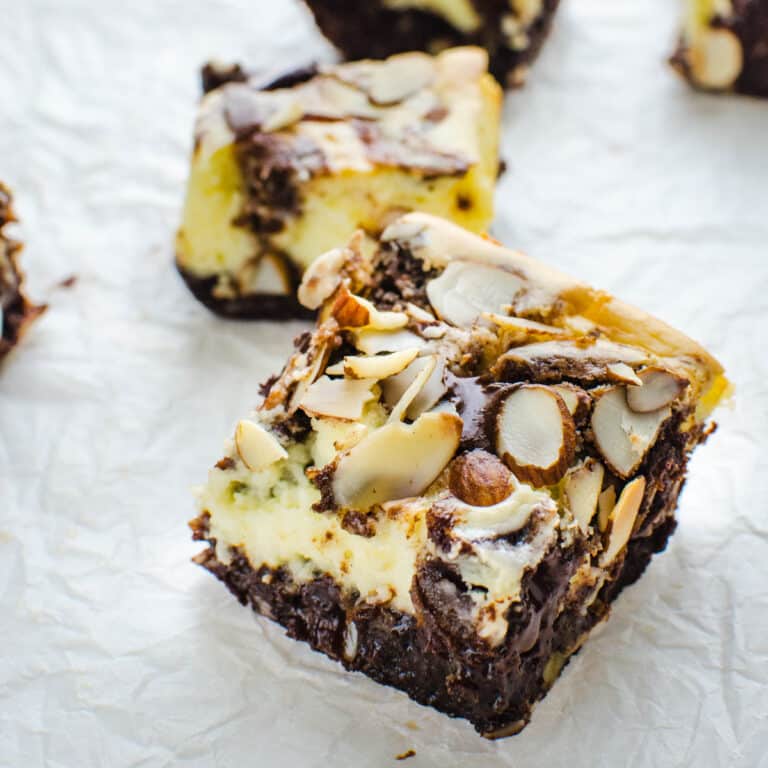 cheesecake brownie bars cut into squares.