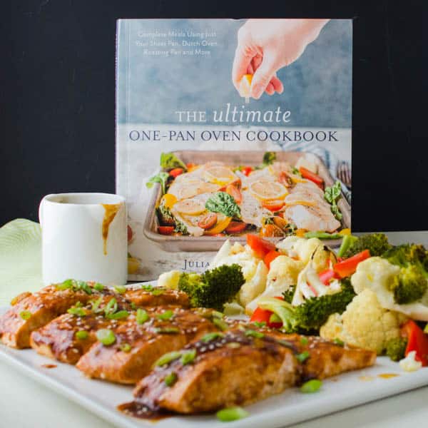 Julia's cookbook with the Hoisin-Maple Asian Glazed Salmon.