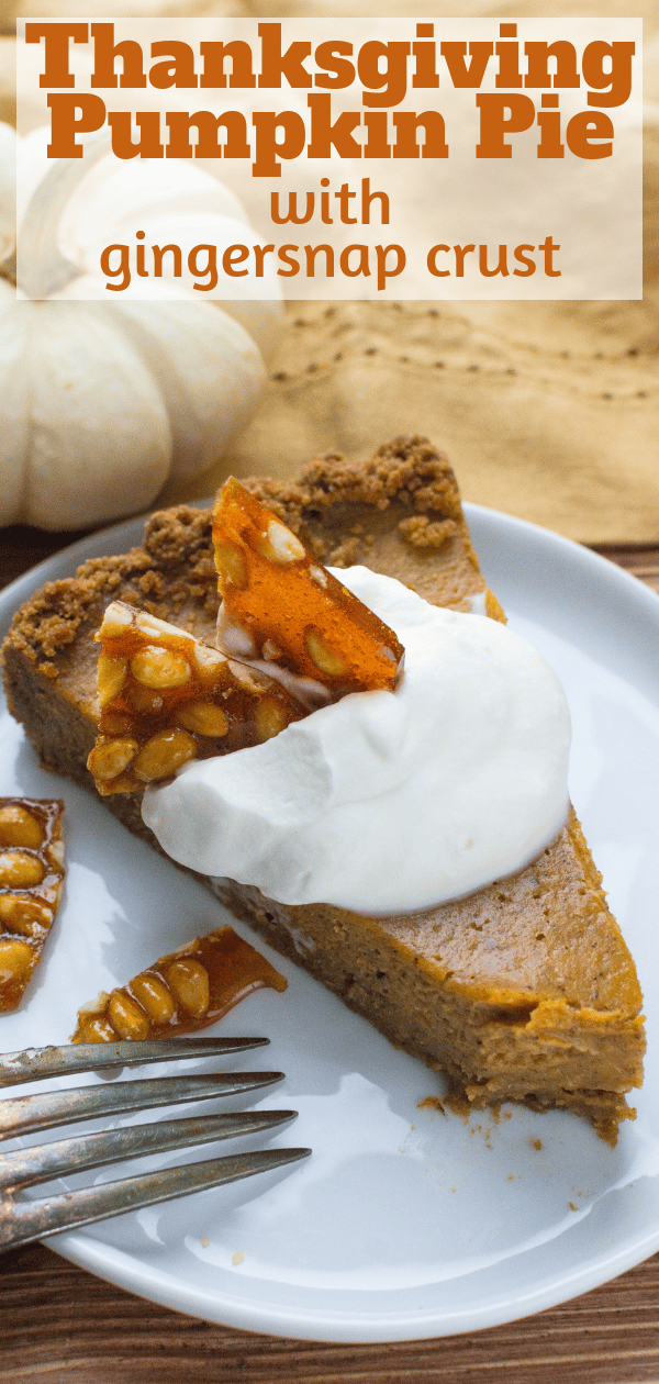 Thanksgiving pumpkin pie with gingersnap crust is topped with maple bourbon whipped cream and pine nut brittle for a holiday pie everyone loves. #thanksgivingpumpkinpie #pumpkinpie #nutbrittle #bourbonmaple #whippedcream #homemadewhippedcream #gingersnapcrust #thanksgivingdessert #pumpkindessert #pumpkintart #flavoredwhippedcream #pinenuts #pinenutbrittle #traditionalpumpkinpie #bestpumpkinpie #easypumpkinpie #holidaypie 