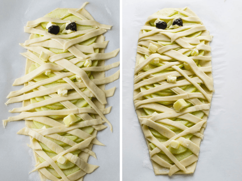 wrapping the mummy with puff pastry for the easy apple tart recipe.