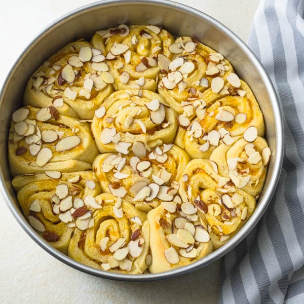 Baked Apricot Almond Fruit Pastry in pan.
