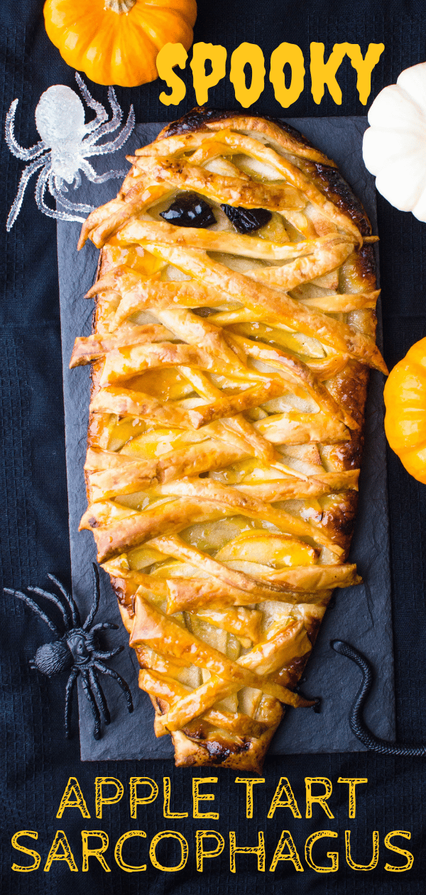Need Halloween Dessert Recipes? This easy apple tart is one that everyone loves. It's a quick apple pie made with puff pastry, all dressed up for Halloween! #easyappletart #easyappletartrecipe #halloweenrecipe #halloweendessertrecipe #quickapplepie #halloween #appletart #apples #puffpastry #apricotjam #thanksgiving #christmas #fastdessert #puffpastryrecipe #puffpastrydessert #vegetariandessert #spookydessert