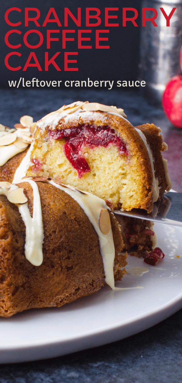 Looking for a moist coffee cake? This Cranberry coffee cake uses leftover cranberry sauce for a sweet-tart finish to a holiday brunch. #cranberrycoffeecake #leftovercranberrysauce #moistcoffeecake #leftovercranberrysaucerecipes #cranberries #thanksgivingleftovers #holidaycoffeecake #bundtcake #brunchdessert #holidaydesserts #holidaybreakfasts #holidayentertaining #baking #coffeecakerecipes #fruitcoffeecakes