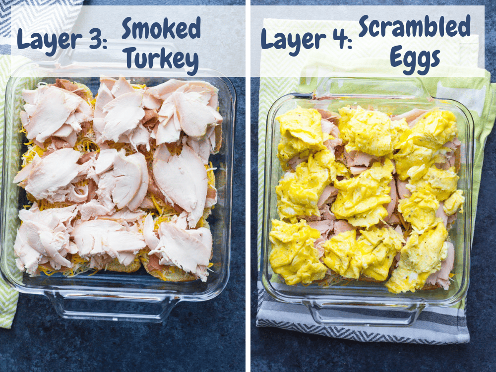 Topping easy sliders recipe with turkey and eggs. A great breakfast for a group.