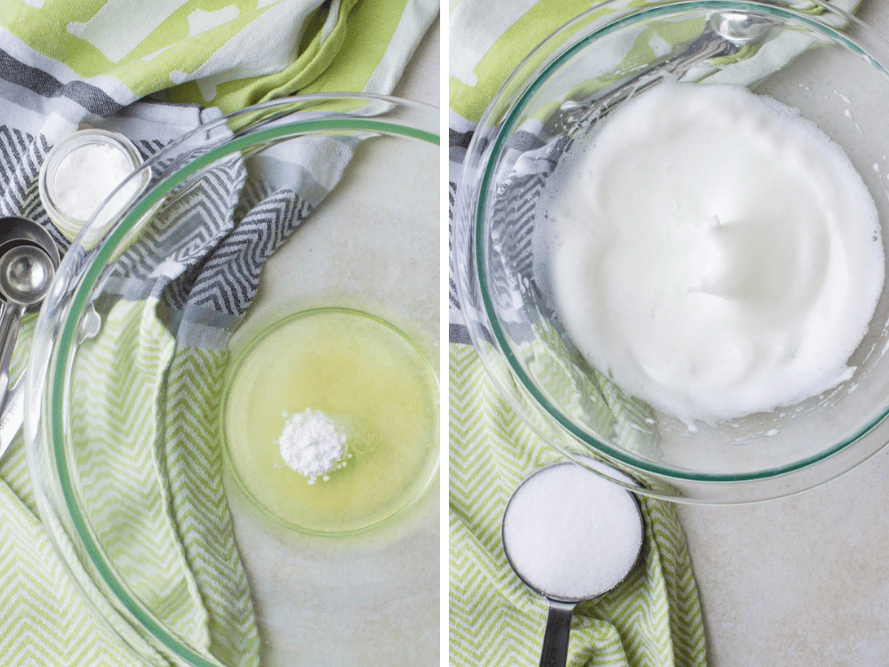 Beating egg whites, sugar and cream of tartar in a bowl.