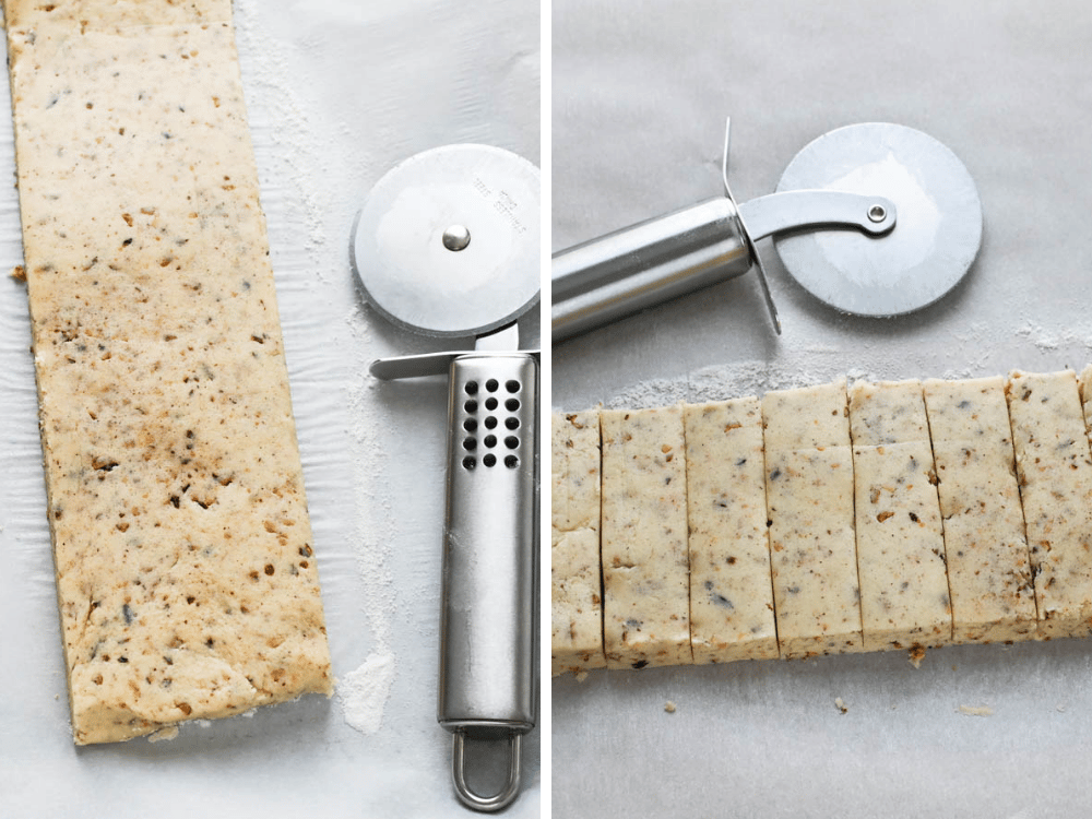 forming homemade shortbread into a rectangle and cutting into "fingers"