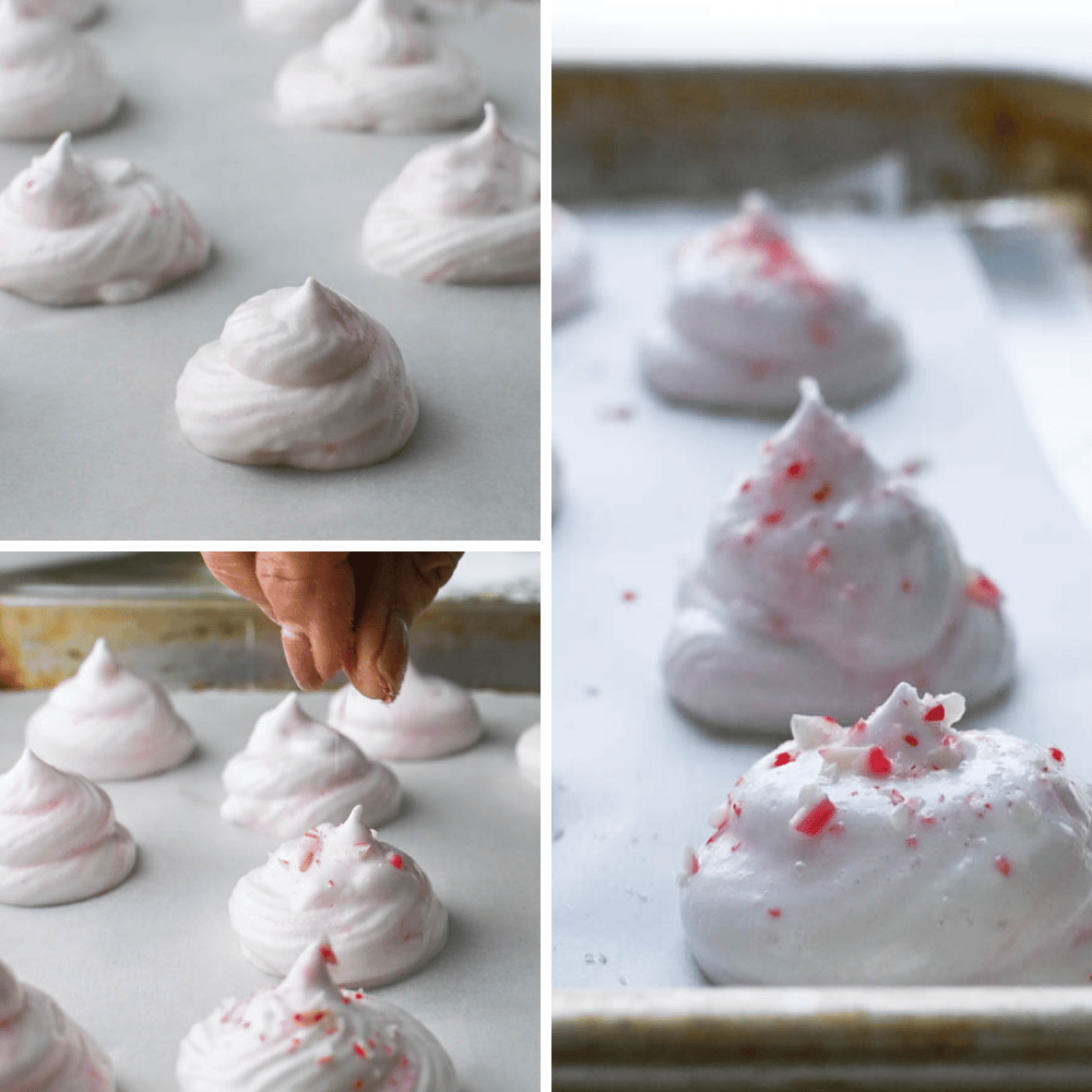 sprinkling peppermint onto christmas meringues before baking.