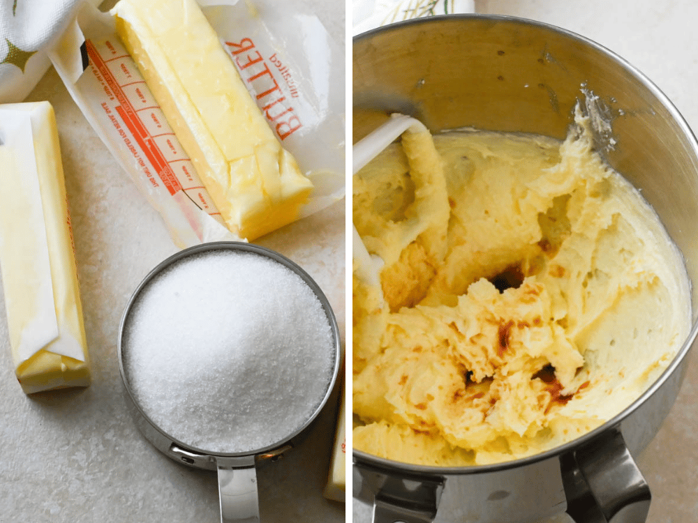 Mixing butter, sugar and vanilla for dough.