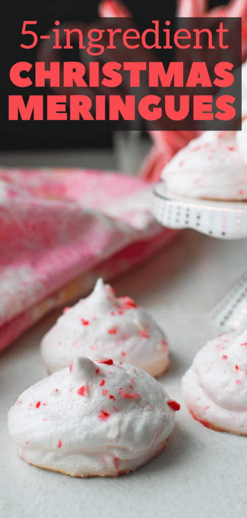 Peppermint stick Christmas Meringues are an easy, gluten-free dessert with a hit of pure mint and crushed candy canes for color and crunch. #christmascookies #christmasmeringues #cookiesforsanta #5ingredientcookies #homemademeringues #peppermintstick #candycanes #holidaydesserts #glutenfreecookies #glutenfreepeppermintcookies