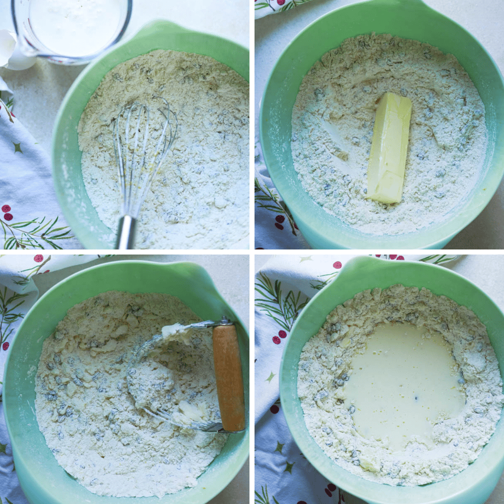 cutting butter into flour and mixing in eggs and buttermilk to make the dough.