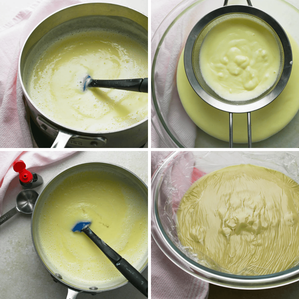 Making custard, straining it, adding peppermint and covering with plastic wrap.