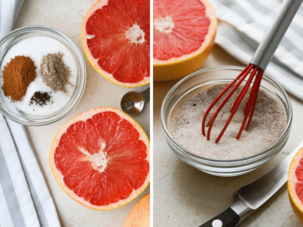 two grapefruit halves with a bowl of spice blend.