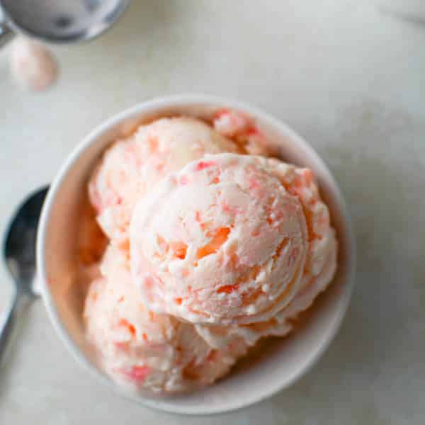 Peppermint stick ice cream in a bowl.