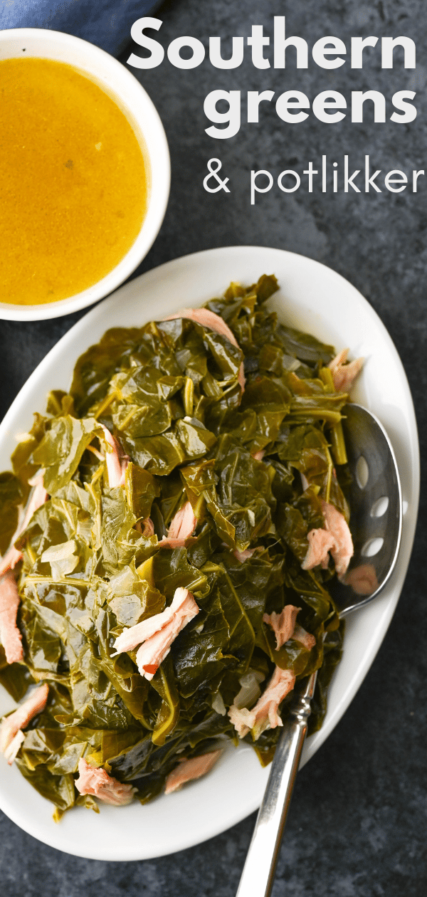 Ensure prosperity in the New Year with Southern greens and potlikker. Deeply flavorful, this recipe uses smoked turkey wings to flavor the heavenly broth. #collardgreens #cookedgreens #newyearstraditions #newyearsday #potlikker #southerngreens #slowcookedgreens #collardgreensrecipe #whatispotlikker #potliquor #smokedturkeywings