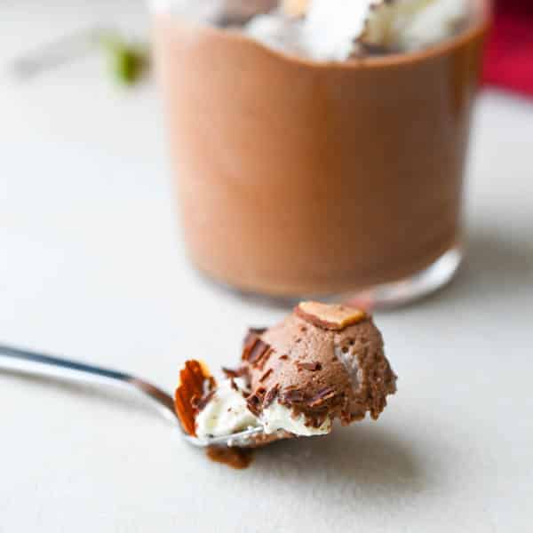 A spoonful of Amaretto Chocolate Mousse - a make ahead dessert.