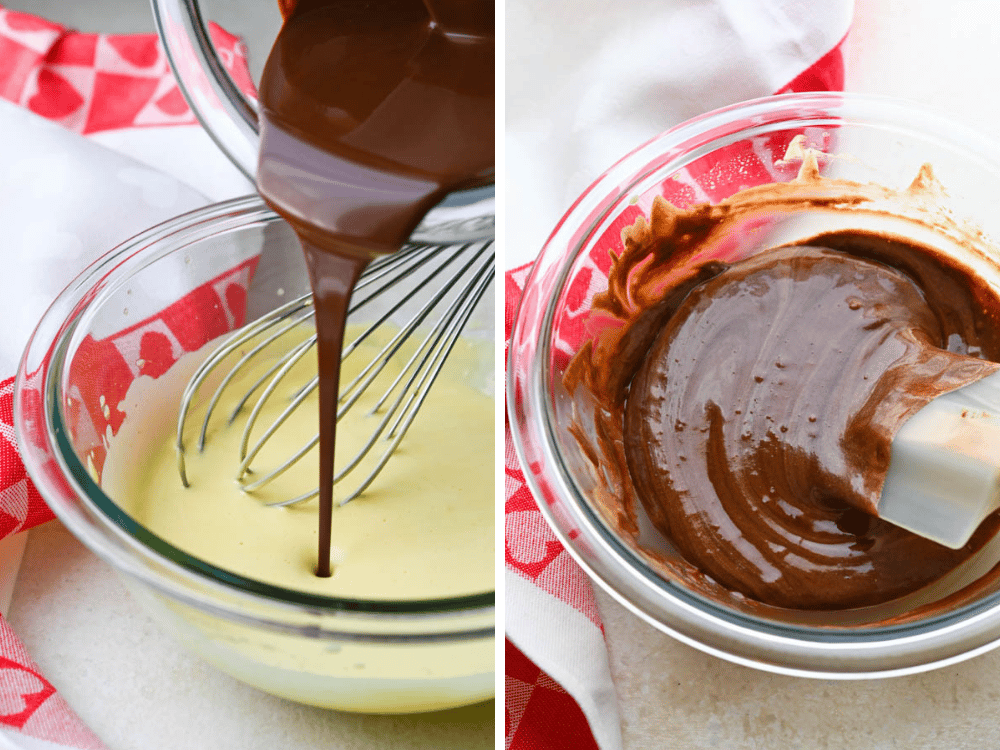 folding egg yolk mixture with melted chocolate for simple chocolate mousse.