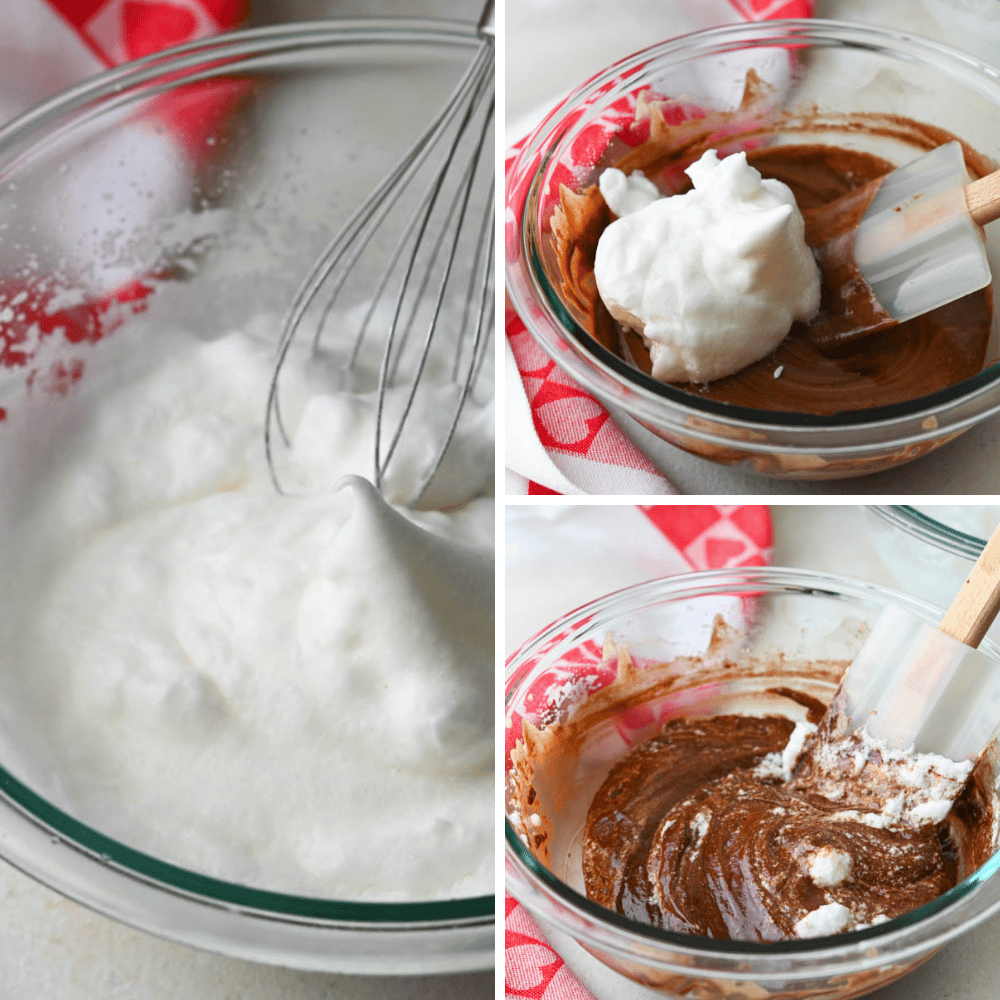 folding whipped egg whites into chocolate mixture for this make ahead dessert.