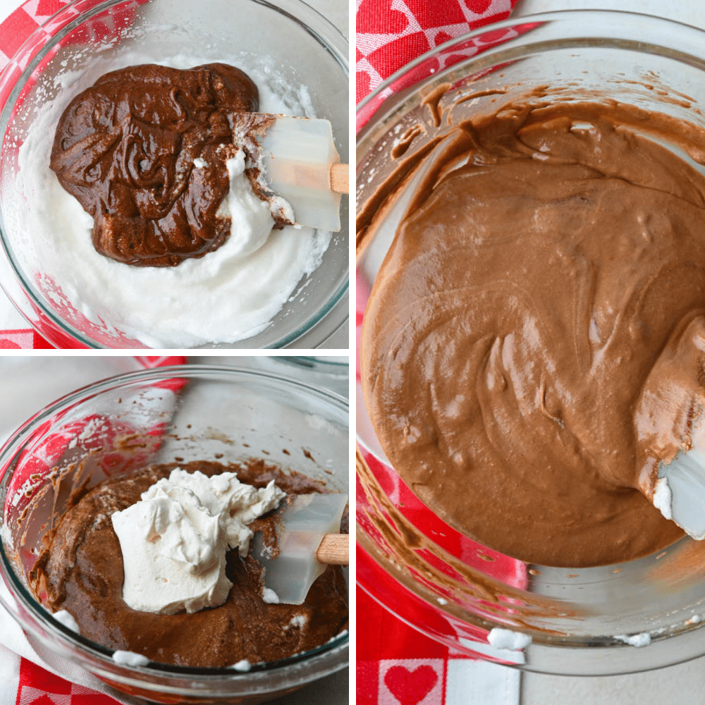 folding Amaretto whipped cream into chocolate mixture for amaretto chocolate mousse.
