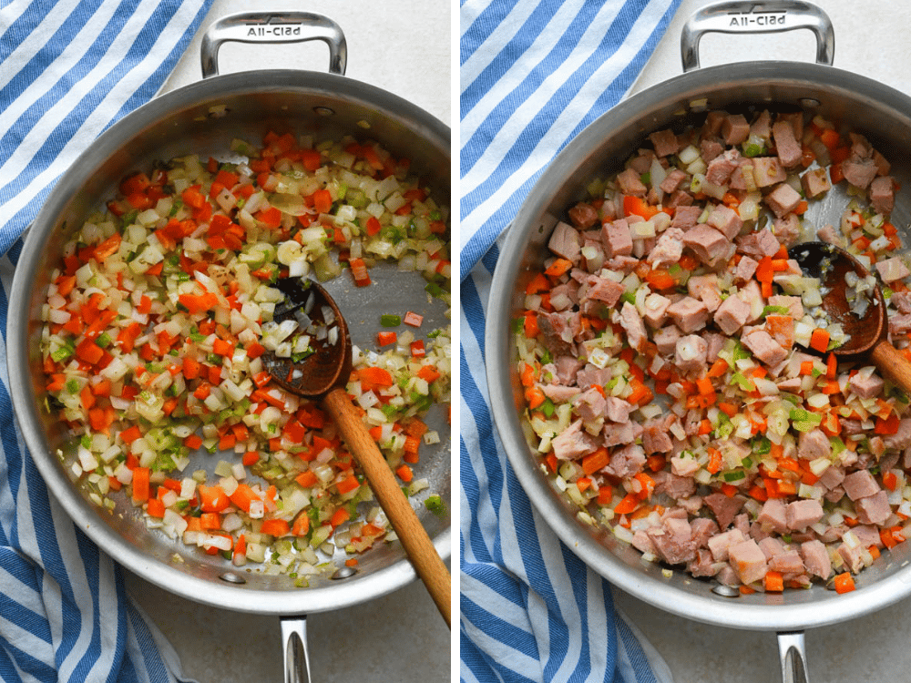Sauteeing vegetables and ham in a skillet with a wooden spoon.