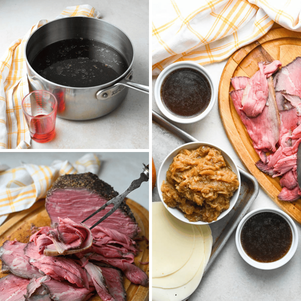Elements of a French Dip Au Jus including the dipping sauce, sliced roast beef and caramelized onions with ramekins of jus.