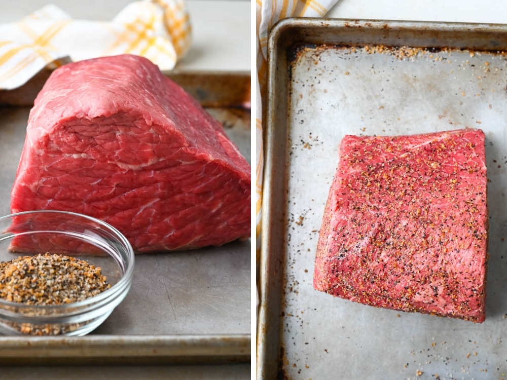 rump roast on a baking sheet with Montreal steak seasoning.