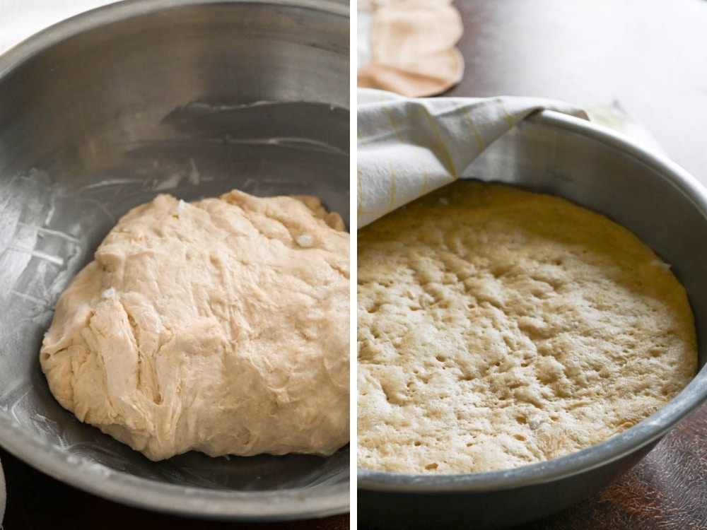 Before and after of how the dough rises in the bowl.