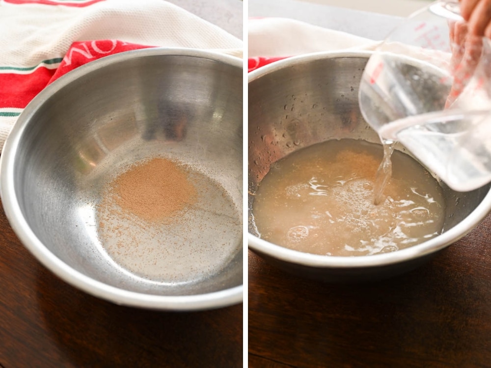 Combining yeast and water in a bowl.