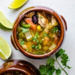 A crock of chicken quinoa soup.