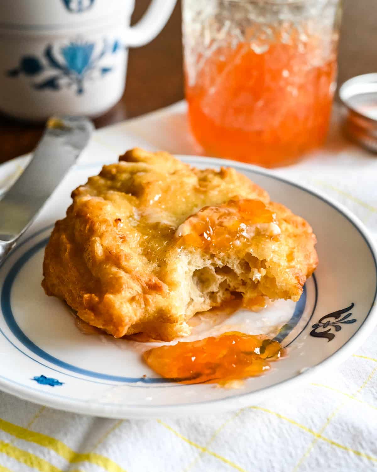 Grandma's fry bread with butter and peach jam.