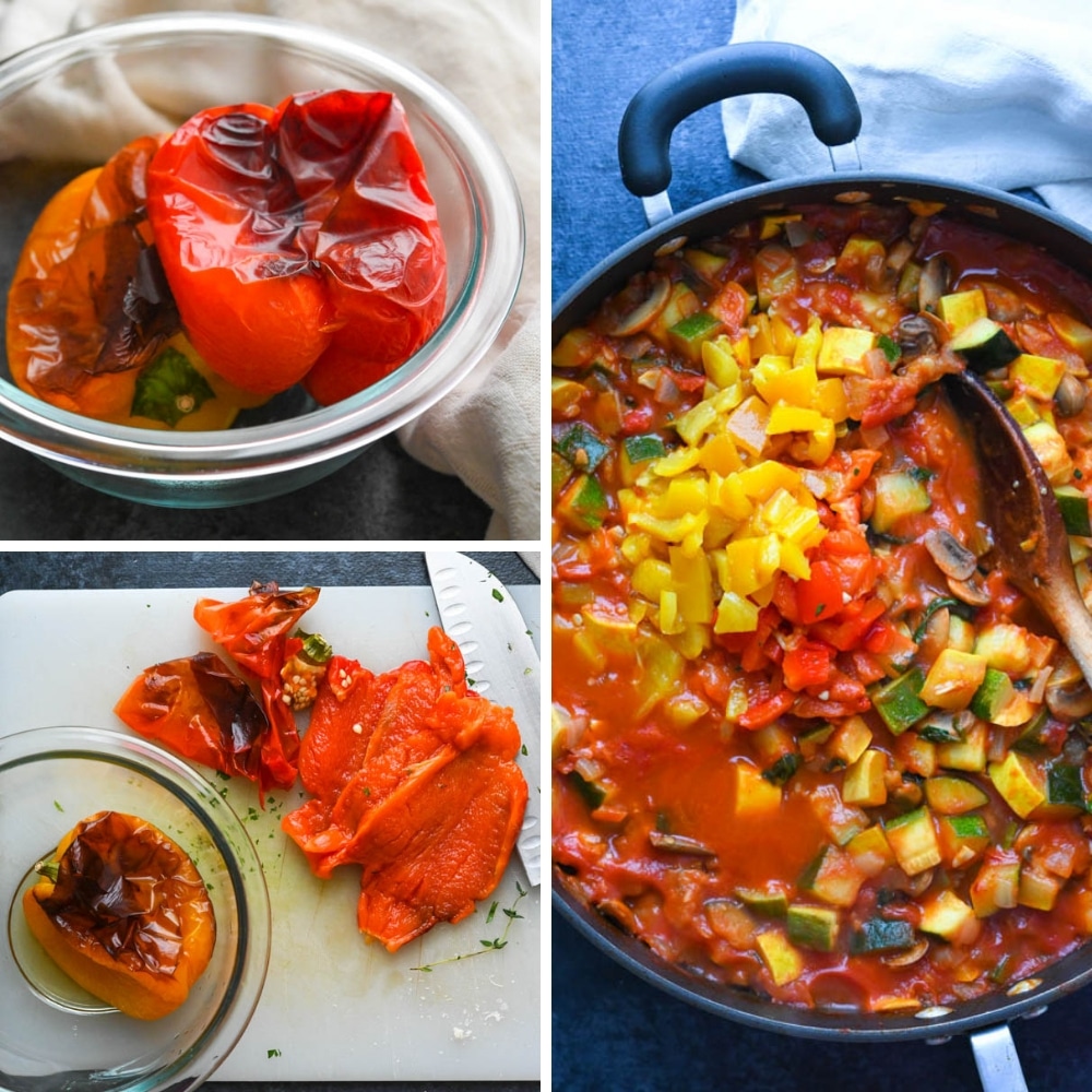 Adding bell peppers and san marzano tomatoes to vegetable ratatouille sauce.