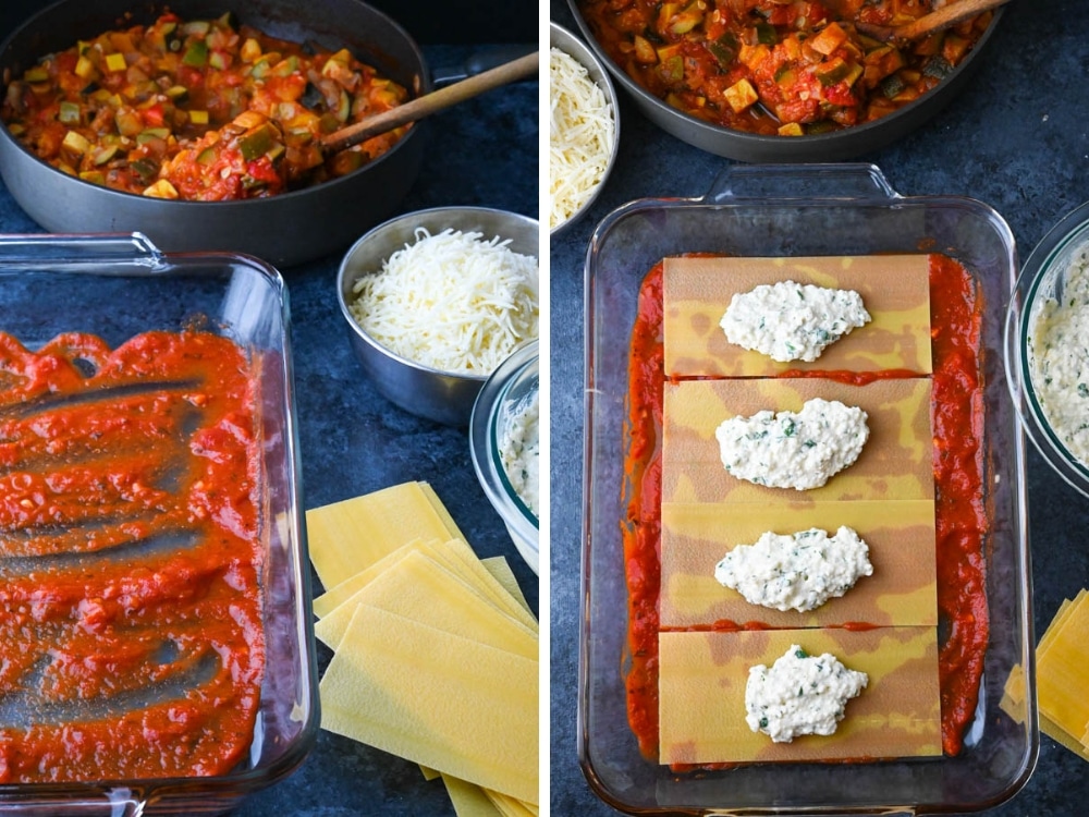 layering cottage cheese lasagna with sauce, noodles, vegetables and cottage cheese.