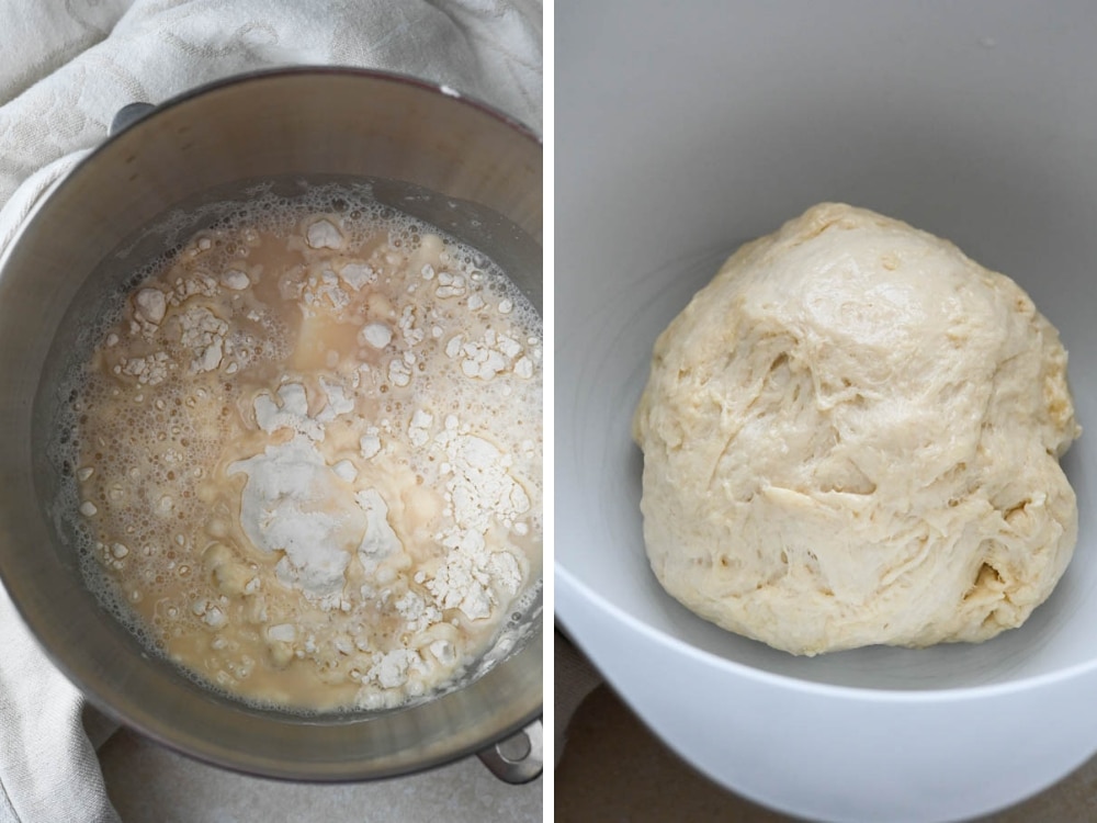 mixing the dough for homemade white bread.