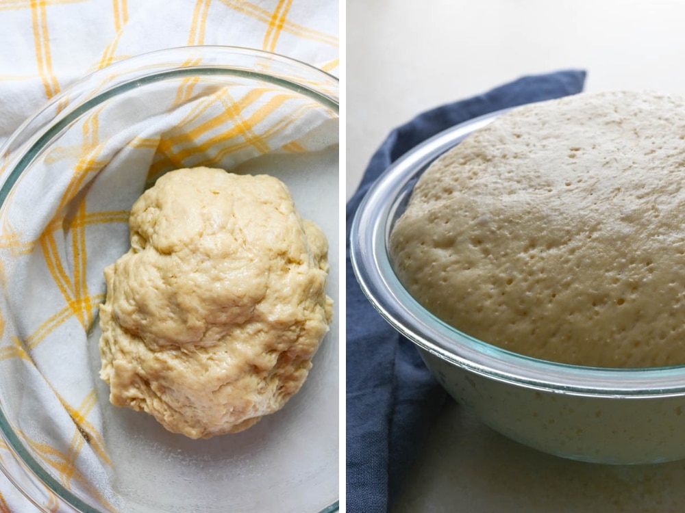 sweet roll dough before and after the first rise.