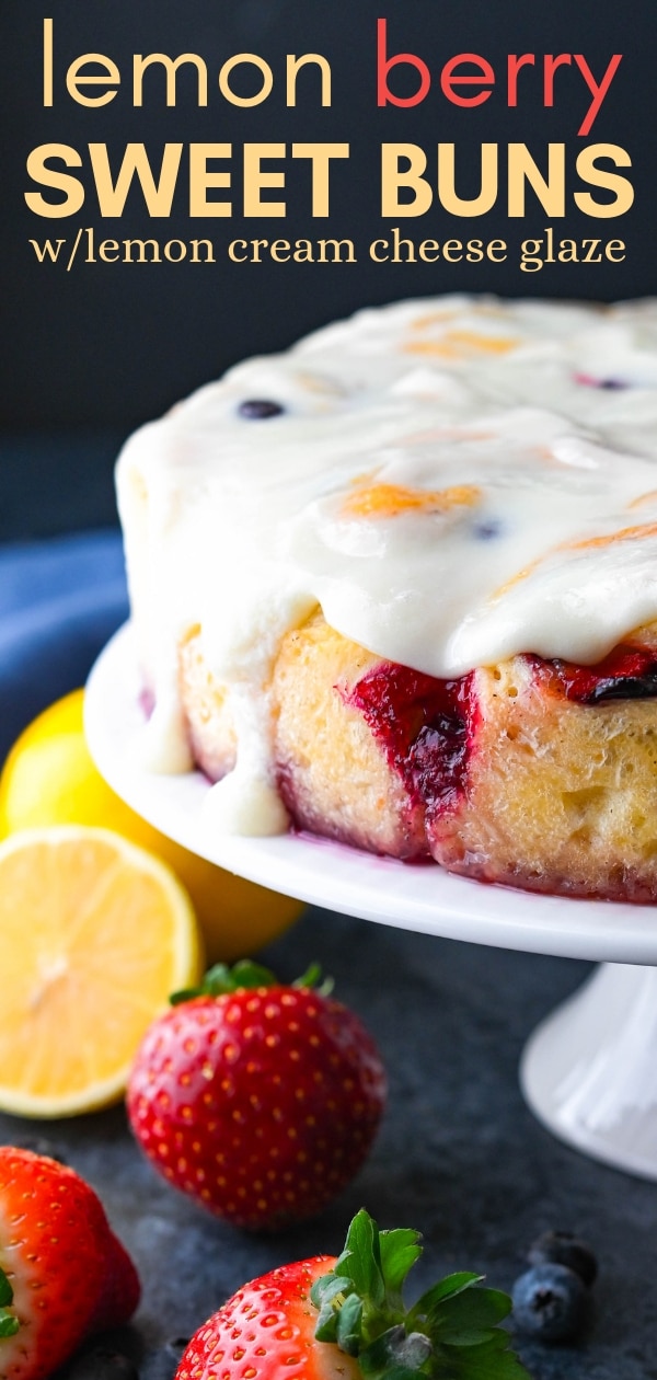 Jazz up your next brunch and serve Lemon Berry Sweet Buns with Lemon Cream Cheese Glaze. The sweet roll dough is easy to work with & the buns are heavenly. #sweetrolls #breakfastbuns