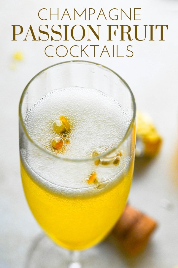 Want a deliciously different and EASY bellini recipe? My Champagne Passion Fruit Cocktail is perfect for weekend brunching w/a floral, tropical bouquet. #passionfruitrecipes #bellinirecipe