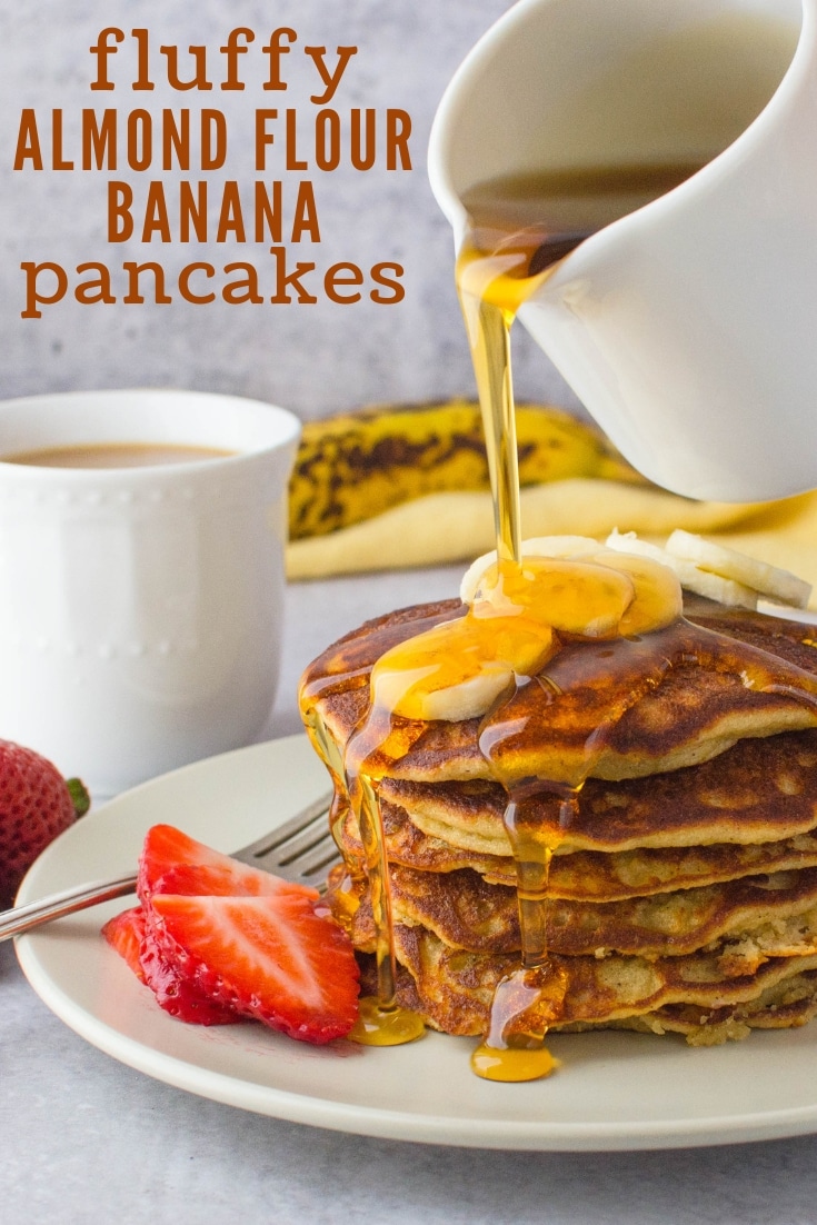 Want gluten free dairy free pancakes that are tender, light and delicious? These Almond Flour Banana Pancakes are it. A gluten free banana pancake w/flavor! #glutenfreepancakes #glutenfreedairyfreepancakes #bananapancakes