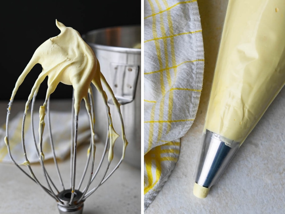 whipping in the yellow coloring and transferring to a piping bag.