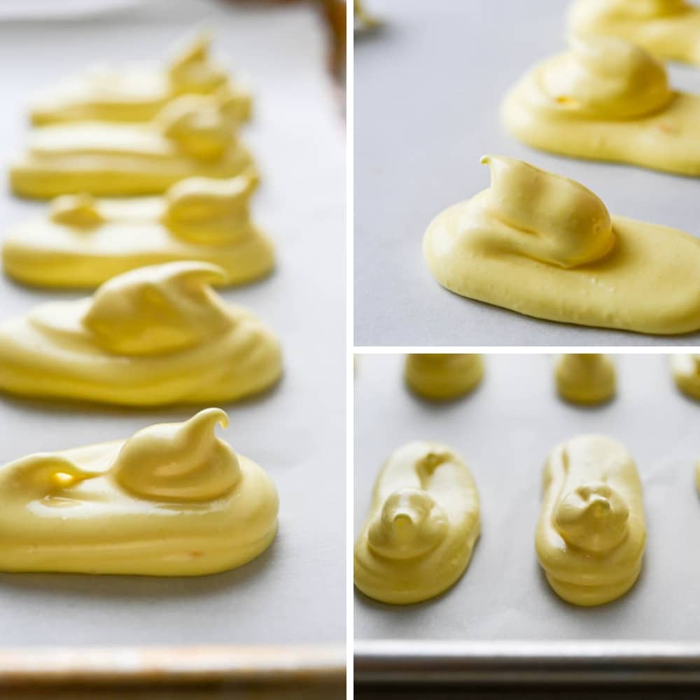 piped yellow peeps on a baking sheet.