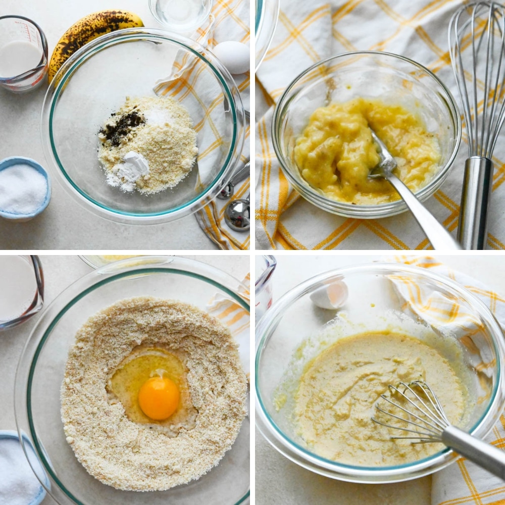 Making gluten-free dairy-free pancakes with almond flour and bananas, step by step.
