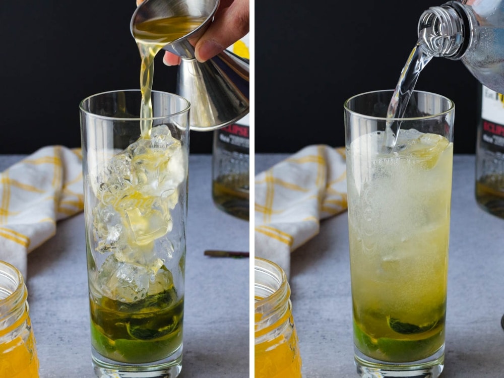 adding rum and sparkling water to the simple rum drink.