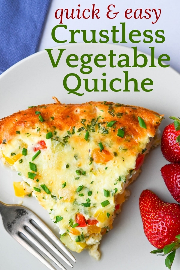 Need a gluten-free summer quiche recipe? My Quick & Easy crustless vegetable quiche has a soft custard and tender vegetables with swiss cheese and herbs. #crustlessquiche #ketoquiche