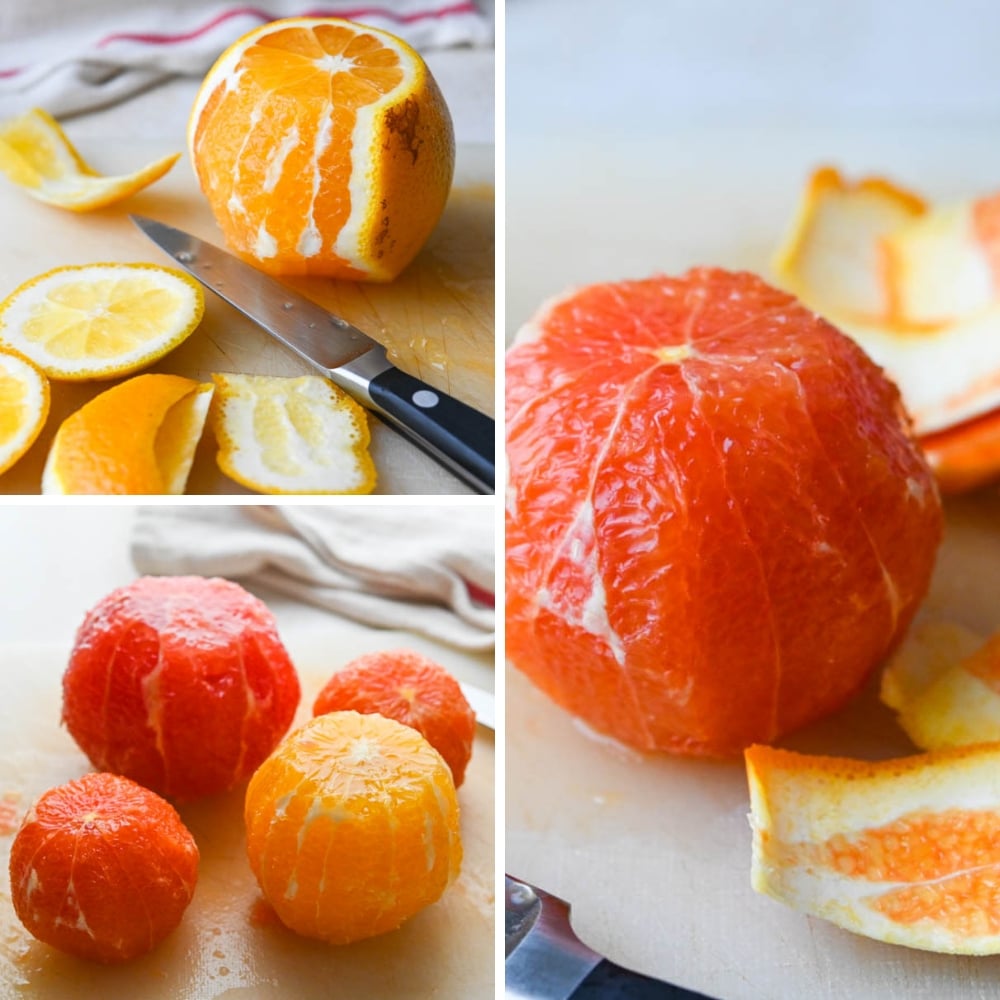 cutting the pith and peel from cara cara navel oranges, grapefruits and tangerines.