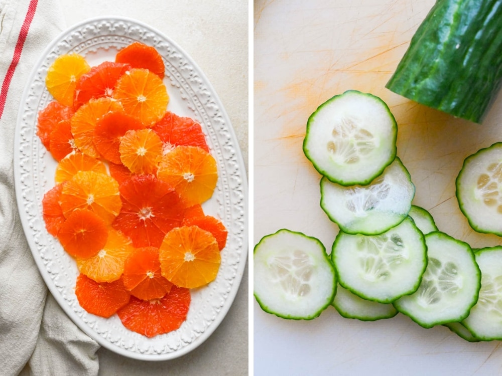 arranging winter citrus on a platter and slicing cucumbers.