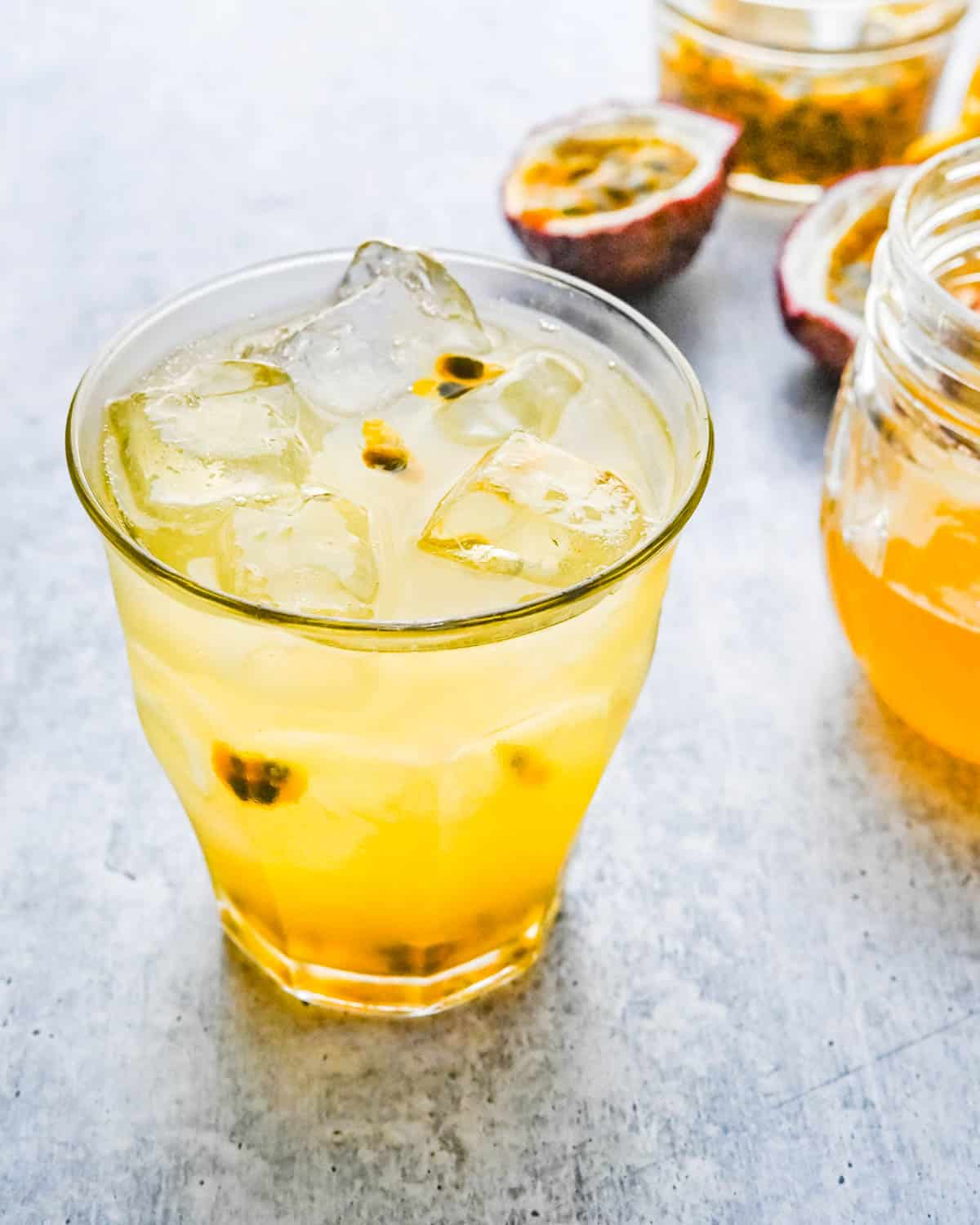 Passion fruit lemonade in a glass.