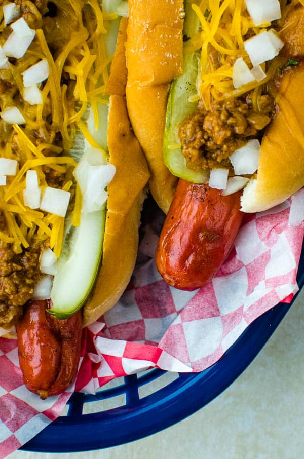 Chili Cheese Dilly Dogs in a basket.