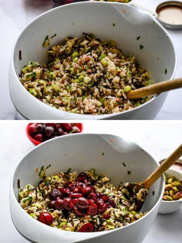 assembling the rice salad and adding pickled cherries.